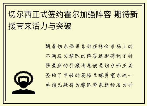 切尔西正式签约霍尔加强阵容 期待新援带来活力与突破 切尔西正式签约霍尔加强阵容 期待新援带来活力与突破