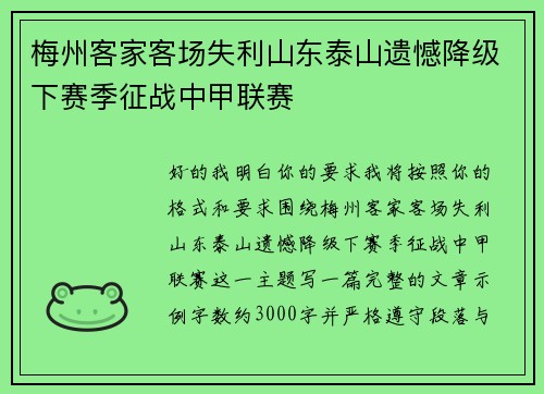 梅州客家客场失利山东泰山遗憾降级下赛季征战中甲联赛